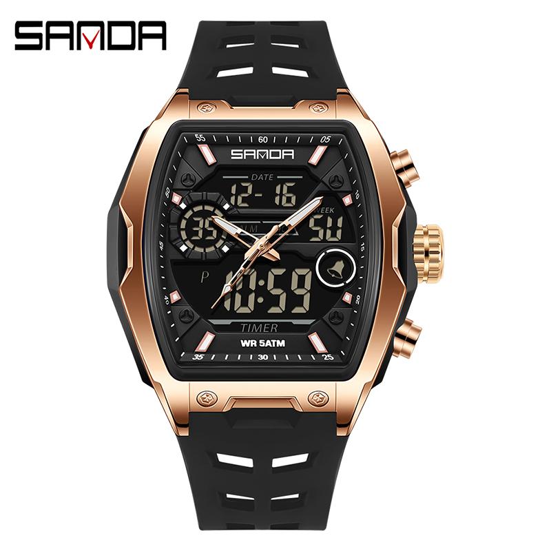 SANDA 6235 Debut Dual Display Cool Men s Watch Tonneau Dial Multifunction Waterproof Male Fashion Sport Timepiece 6235