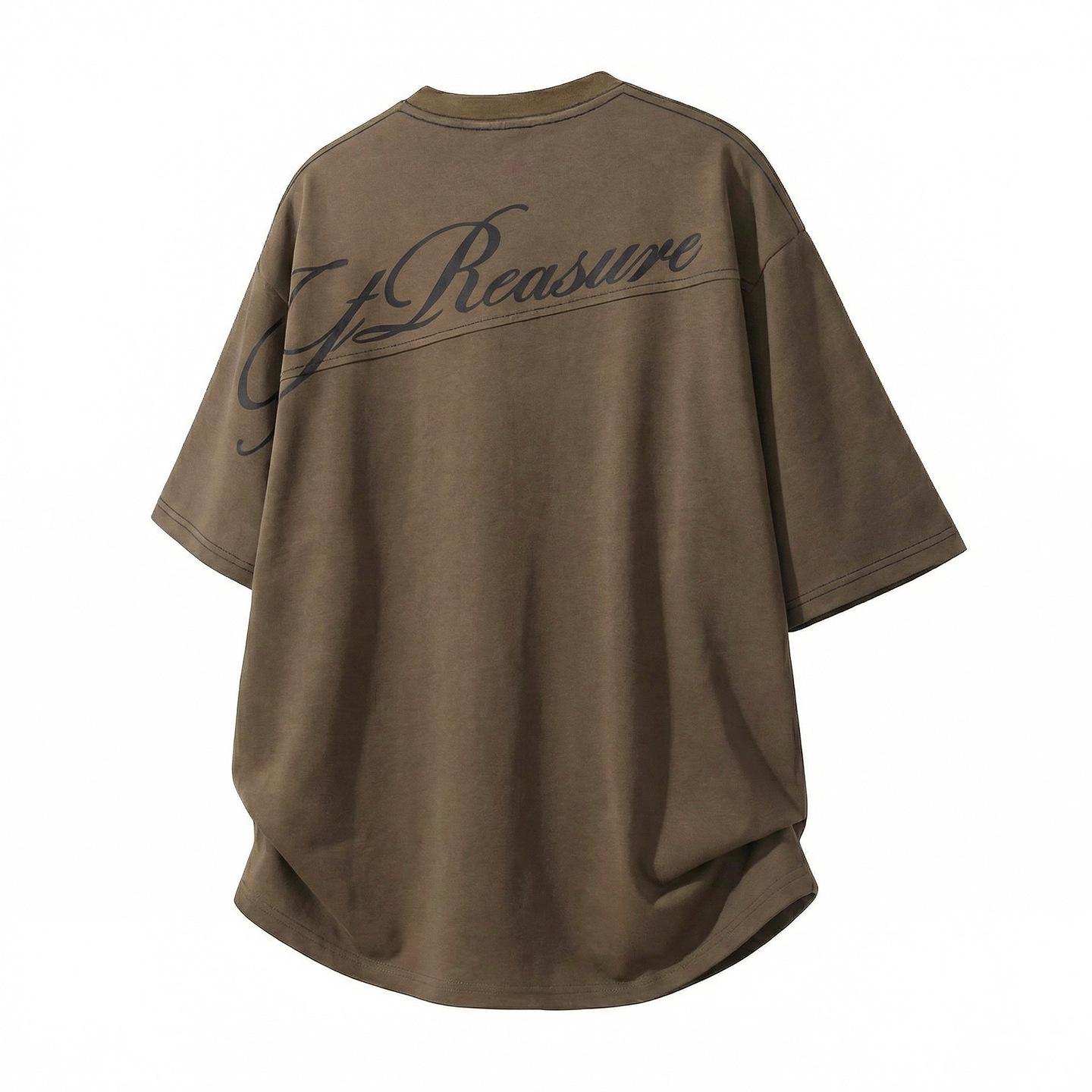 Men s Trendy American Style Back Split Cotton Short Sleeve T-shirt XXL коричневый/песочный