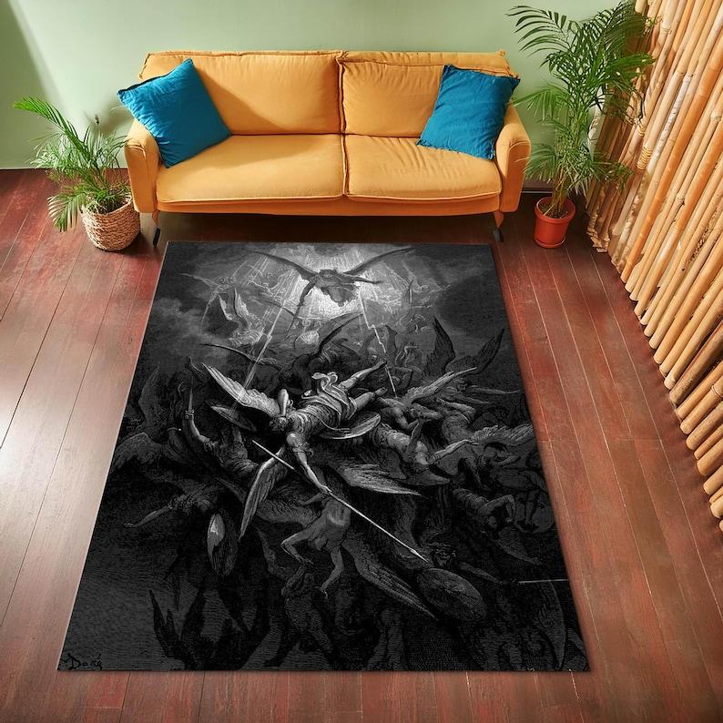 

Gustave Doré Inspired Angel Battle Rug,Dramatic Black White Gothic Warrior Tapestry,Epic Fantasy Art Floor Mat for Library Study 50x80cm