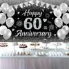 Happy 60th Anniversary Banner Decor Black Silver – Glitter Love Heart Happy 60 Years Wedding Anniversary Party Backdrop Theme Decorations for Women