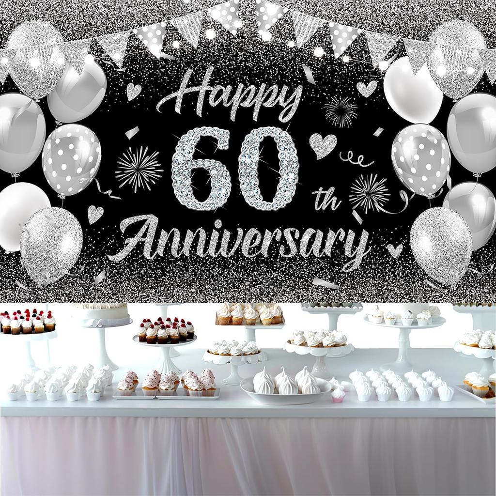Happy 60th Anniversary Banner Decor Black Silver – Glitter Love Heart Happy 60 Years Wedding Anniversary Party Backdrop Theme Decorations for Women
