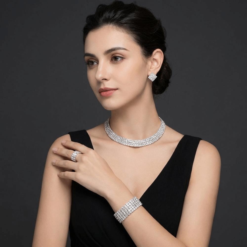 4Pcs Multilayer Necklace Bracelet Earring Ring Set Shiny Rhinestone Choker Bridal Jewelry Set Women
