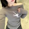 VAYLA Y2k Estetik Vintage Enfärgade Toppar Vår Sommar Långärmad Sned Krage T-shirt Hög Midja Tryck Streetwear Slim T-shirt