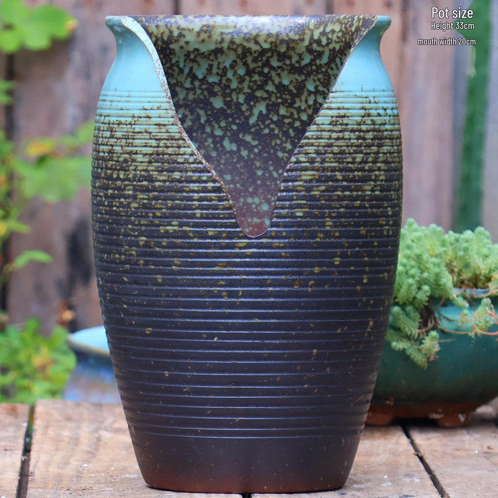 Handmade Coarse Pottery Wide-Mouth Flower Pot - Ceramic Zisha Succulent Planter with Rustic Cut-Edge Design for Chlorophytum