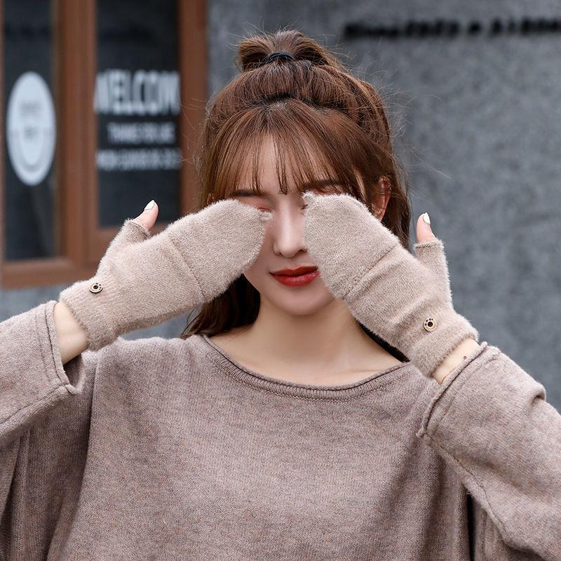 Plush Autumn and Winter Half-finger Flip-up Warm and Thickened Bag Cover for Fingerless Homework Students Writing Fashion Korean Style Gloves