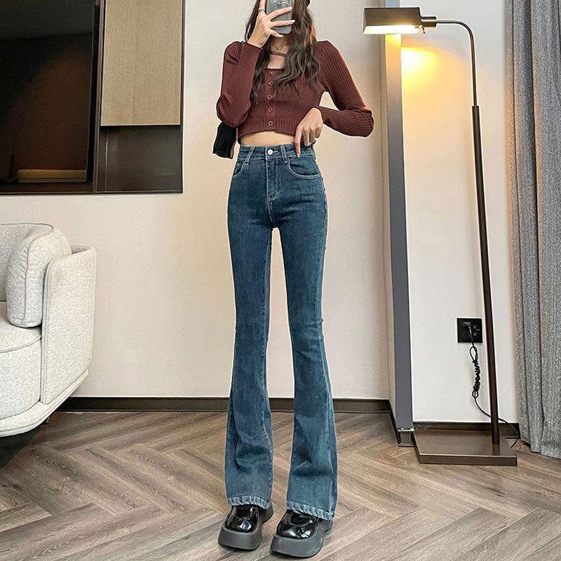 Blaugraue Schlagjeans mit hoher Taille für Damen – schlankmachend, elastisch, kleine Größe, Herbst-/Winter-Stil