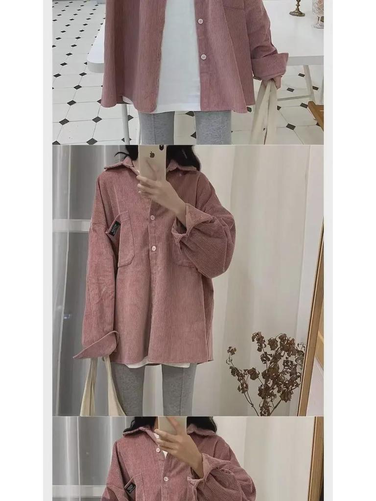 Women's Blue Corduroy Shirt Jacket - Korean Style, Loose Fit, Long Sleeve for Spring & Autumn 2025