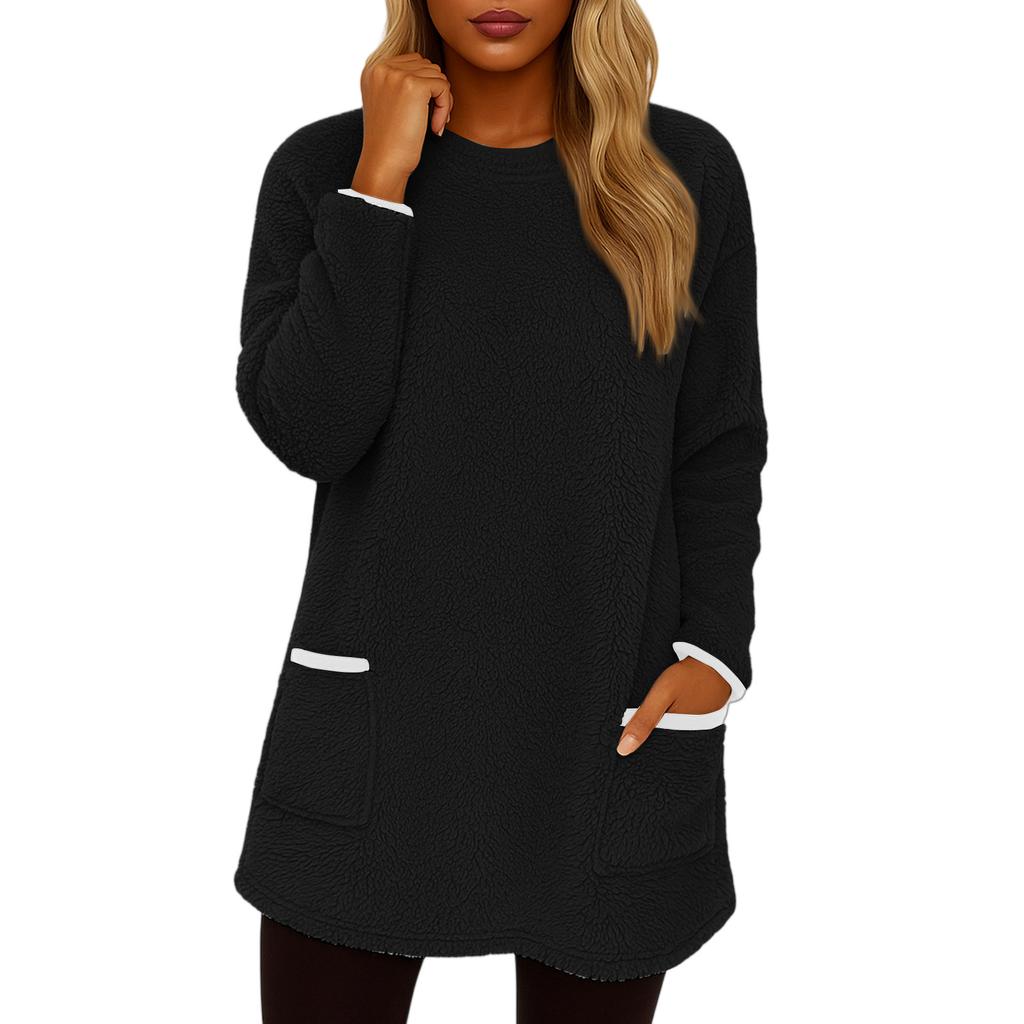 Women's Fashionable Solid Color Round Neck Long Sleeved Warm Plush Casual Top