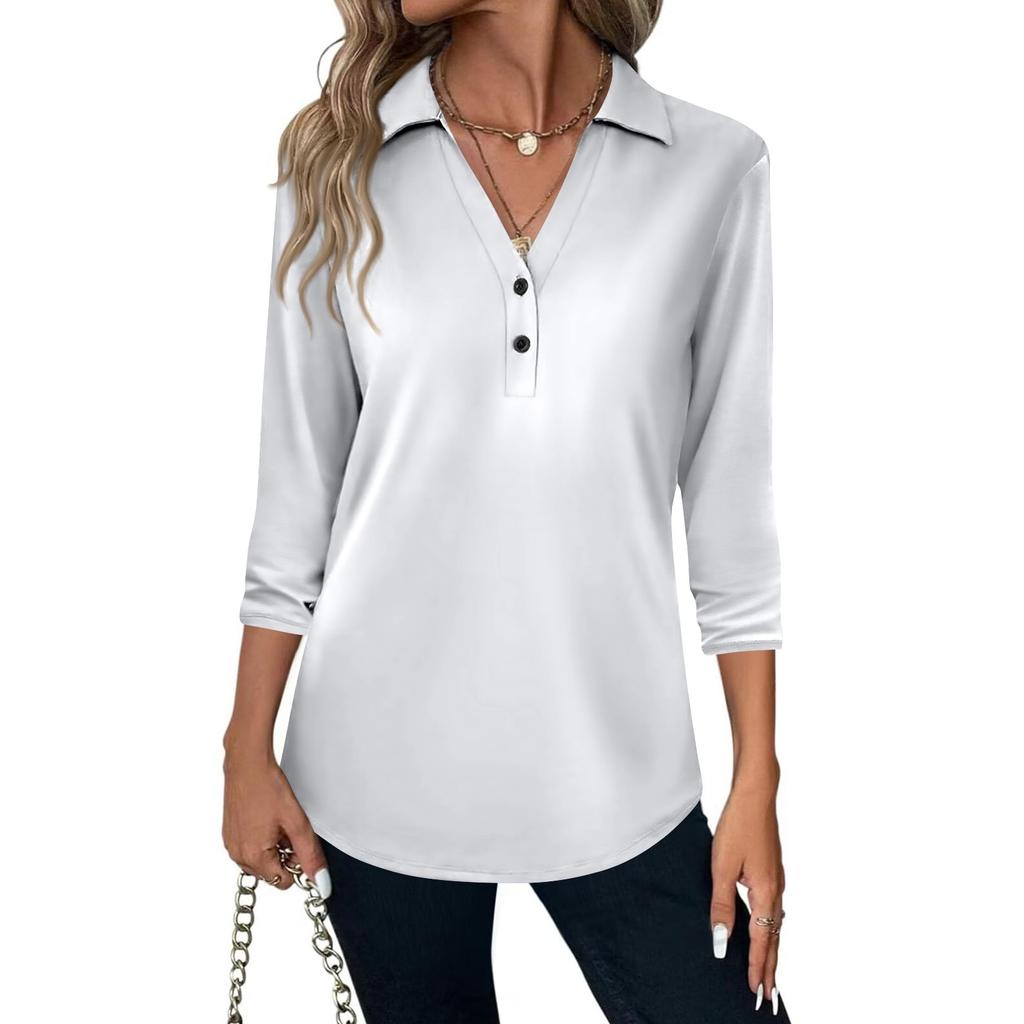 Women's Fashion Casual Lapel Short 3/4 Sleeve Solid Color Shirt Women's V-Neck Button Tops