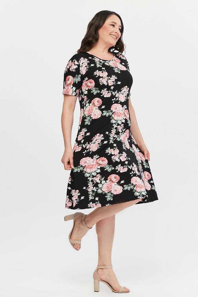 Women's Big Size Dress Floral Patterned Viscose Basic Short Sleeve Dress