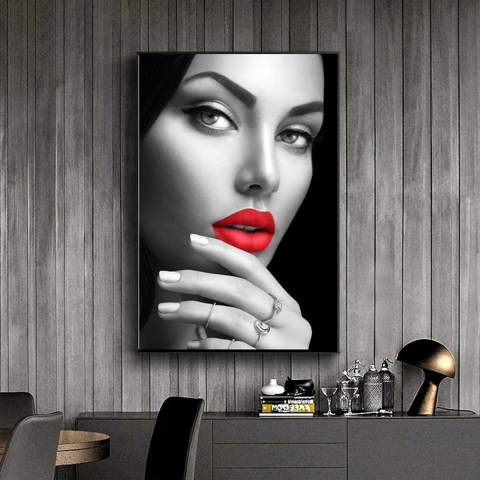 Pintura em tela de lábios vermelhos, pôsteres e impressão de arte de parede para decoração de sala de estar e casa
