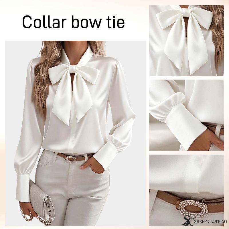 Women's Satin Blouse Long Sleeve Bow Tie Neck Elegant Office Shirt Dressy Top