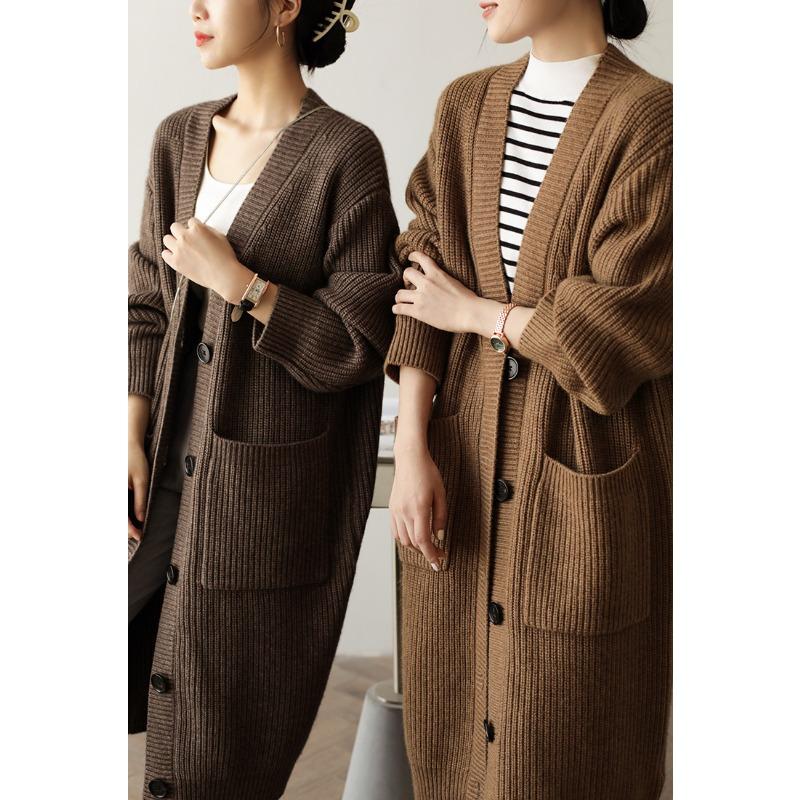 Thickened medium and long knitted cardigan jacket for women's autumn and winter retro loose lazy style medium and long sweater