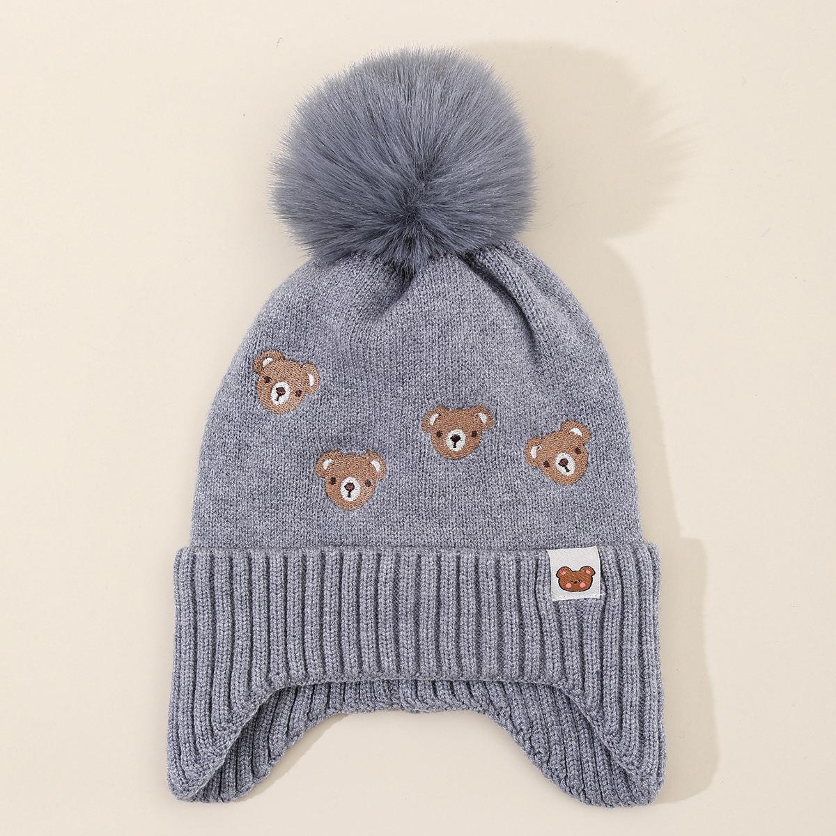 

Children s Pompon Pullover Hat with Ear Protection - Embroidered Bear, Fleece-Lined for Autumn and Winter серый