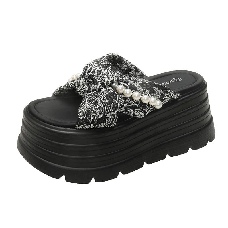 

Thick-bottomed muffin slippers for women 2025 summer new retro ethnic style cross belt for small people to show height and cool slippers for women 39 чёрный