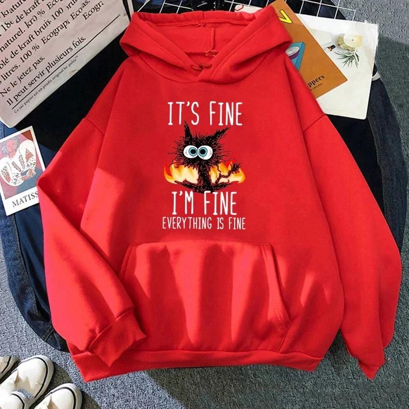 2025 Hot Cat Its Fine Im Fine Everything Is Fine Printed Women And Men Hoodies Loose Pullover Hooded