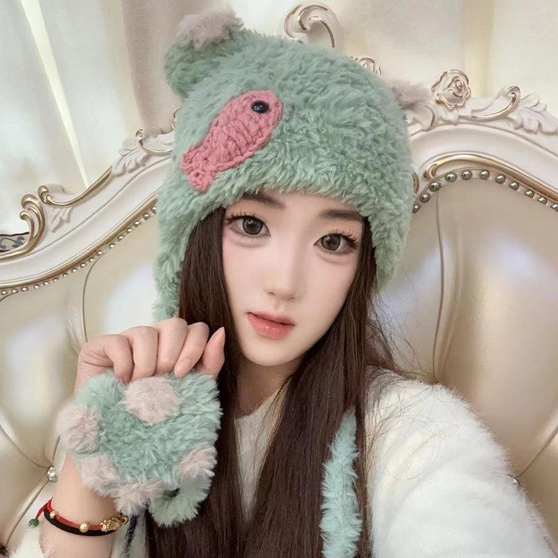 Cute Cat Claw Plush Hat for Women's Ear Protection Lei Feng Hat Knitted Cartoon Riding Warm Versatile Bag Head Hat Men
