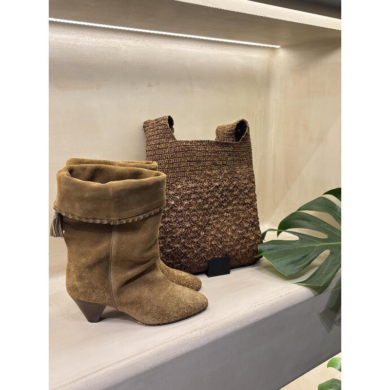 Sheepskin Version Retro Suede Folded Two Wear Pointed Western Cowboy Boots Women's Thick Heel Medium Tube Knight Boots Martin Boots