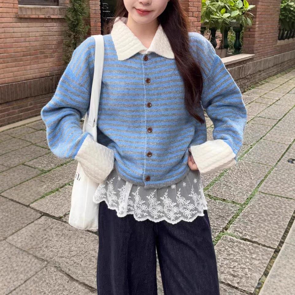 Autumn Retro Color Block Stripe Womens Sweater Casual Polo Collar Knit Cardigan Versatile Top