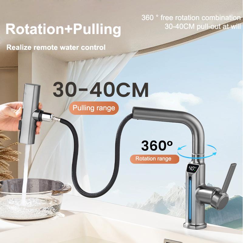 LED Gray Kitchen Faucets Pull Out Rotation Waterfall Stream Sprayer Head Hot -Cold Water Faucet Wash Basin Rotation Water Tap