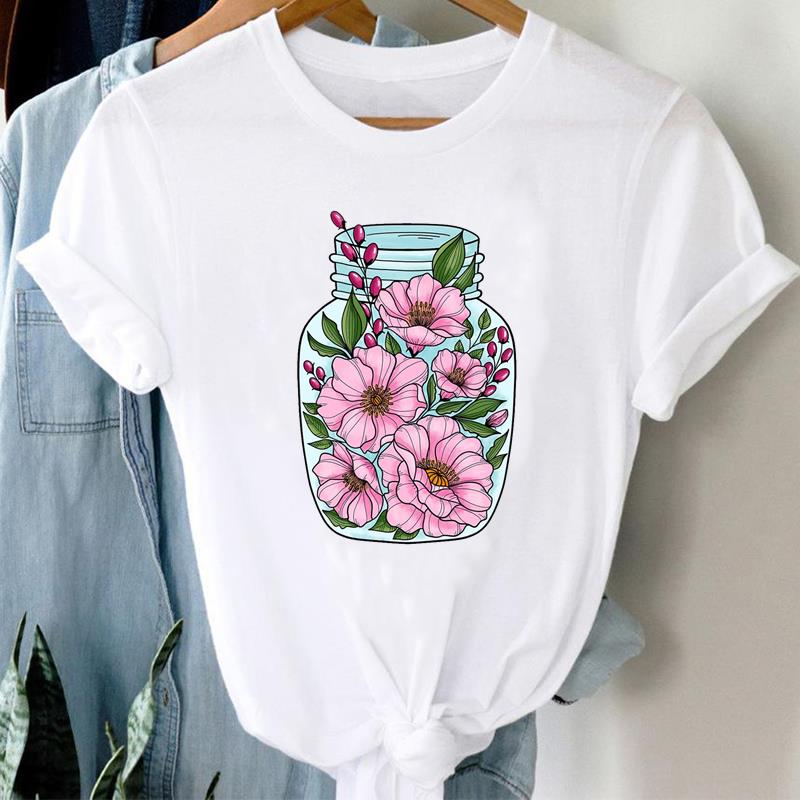 Lovely Flower Tee Top Fashion T Shirt Clothing 90s Sweet Trend Casual Short Sleeve Women Print Lady Female Graphic T-shirt