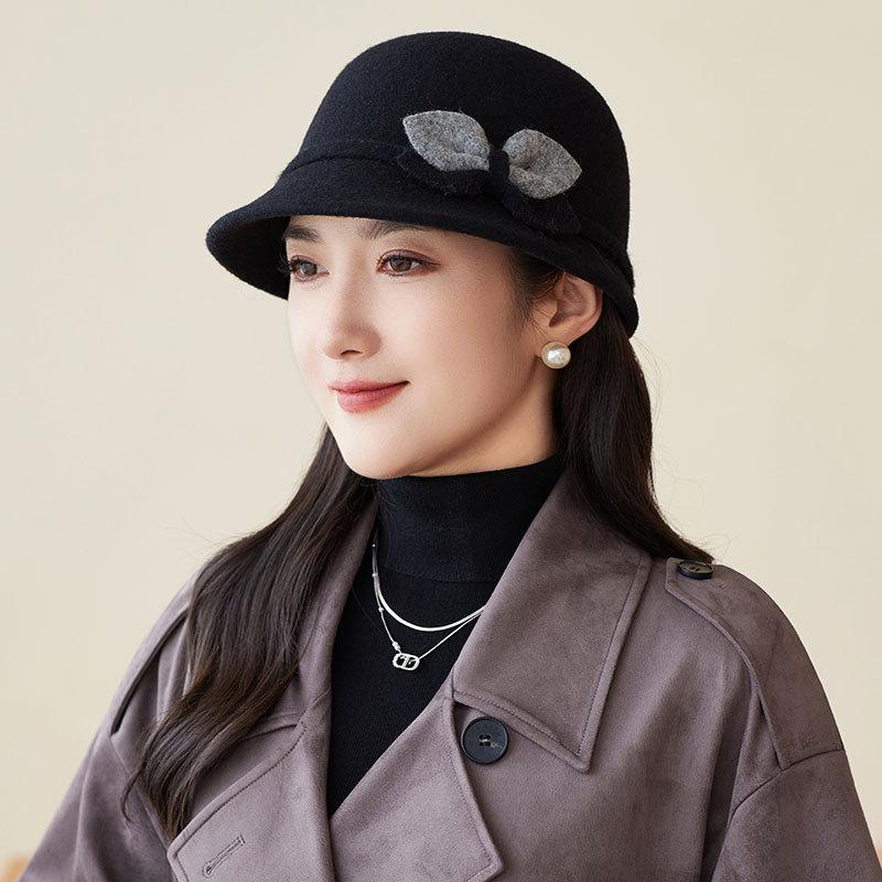 Autumn and Winter Basin Hat Retro Hepburn Style Bow Bucket Hat Ladies Elegant Woolen Fashion Basin Hat