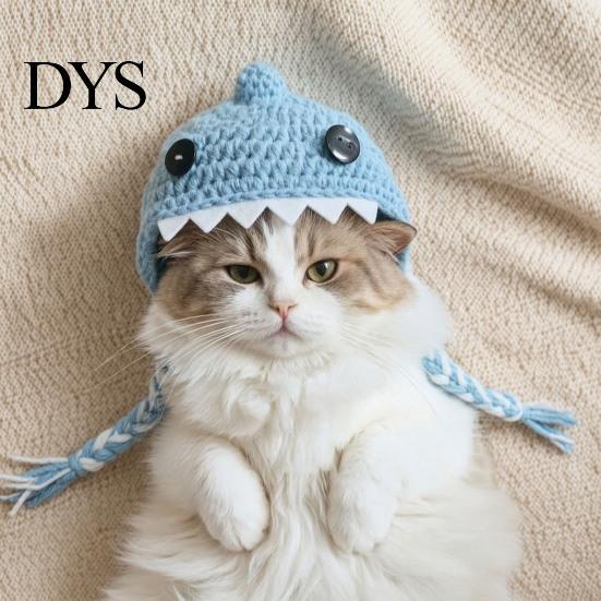 Pet Photography Props Funny Shark Cat Hat, Crocheted Hat with Braided Comfortable Festival Outfit Straps, Soft Cute Knitted for Cats Small Dogs