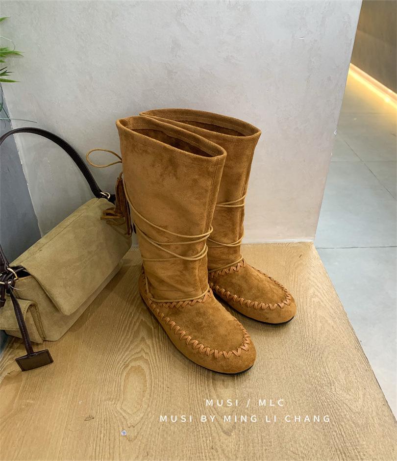 

2025 new autumn and winter thin and heightened short boots brown retro flat-bottomed niche western boots women 39 светло-коричневого