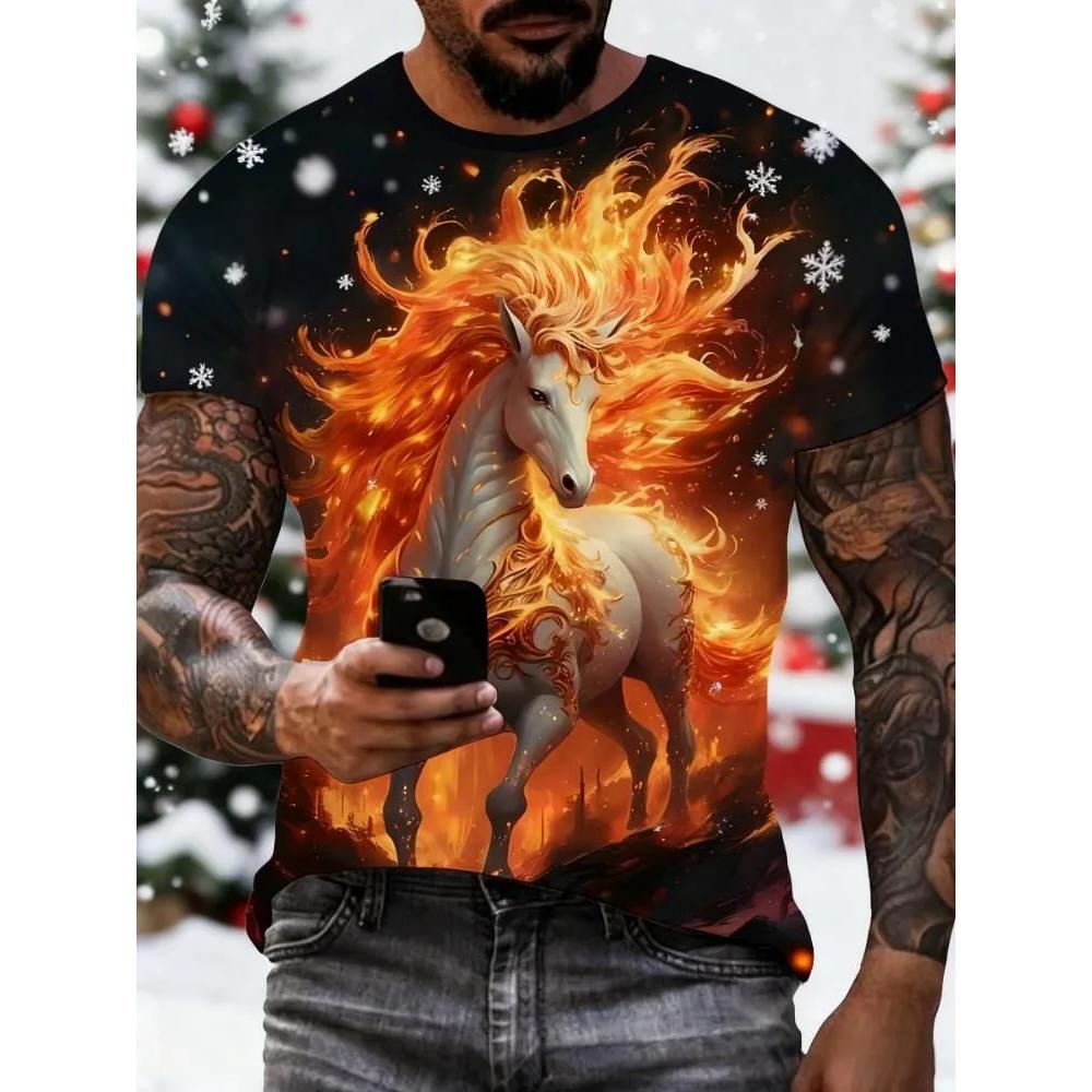 Men's Animal Print Top Fashion Versatile Short-sleeved Casual T-shirt Loose Comfortable T-Shirts Men’s