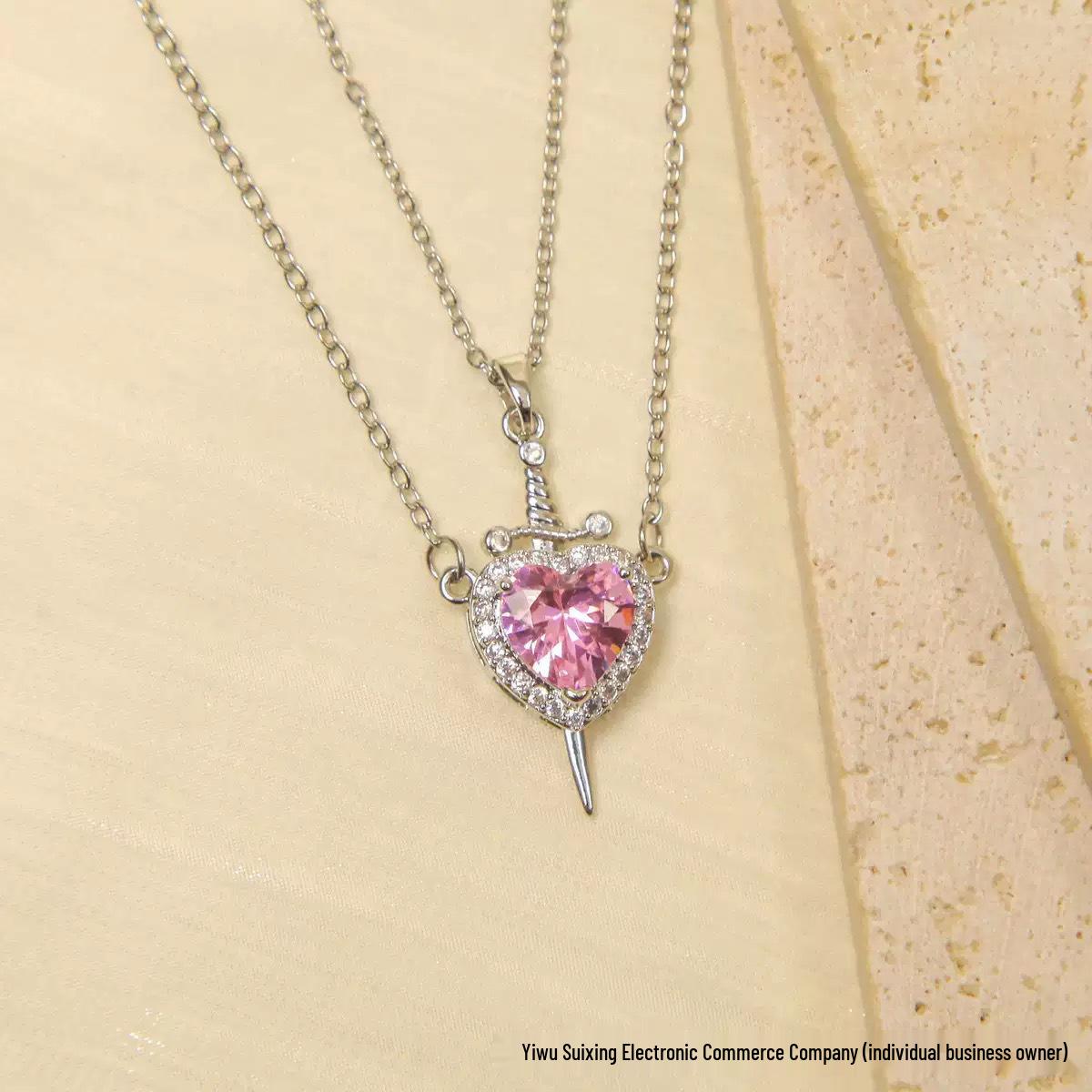 

Elegant Ruby Heart Sword Necklace for Couples - High-End Titanium Steel Jewelry for Men & Women