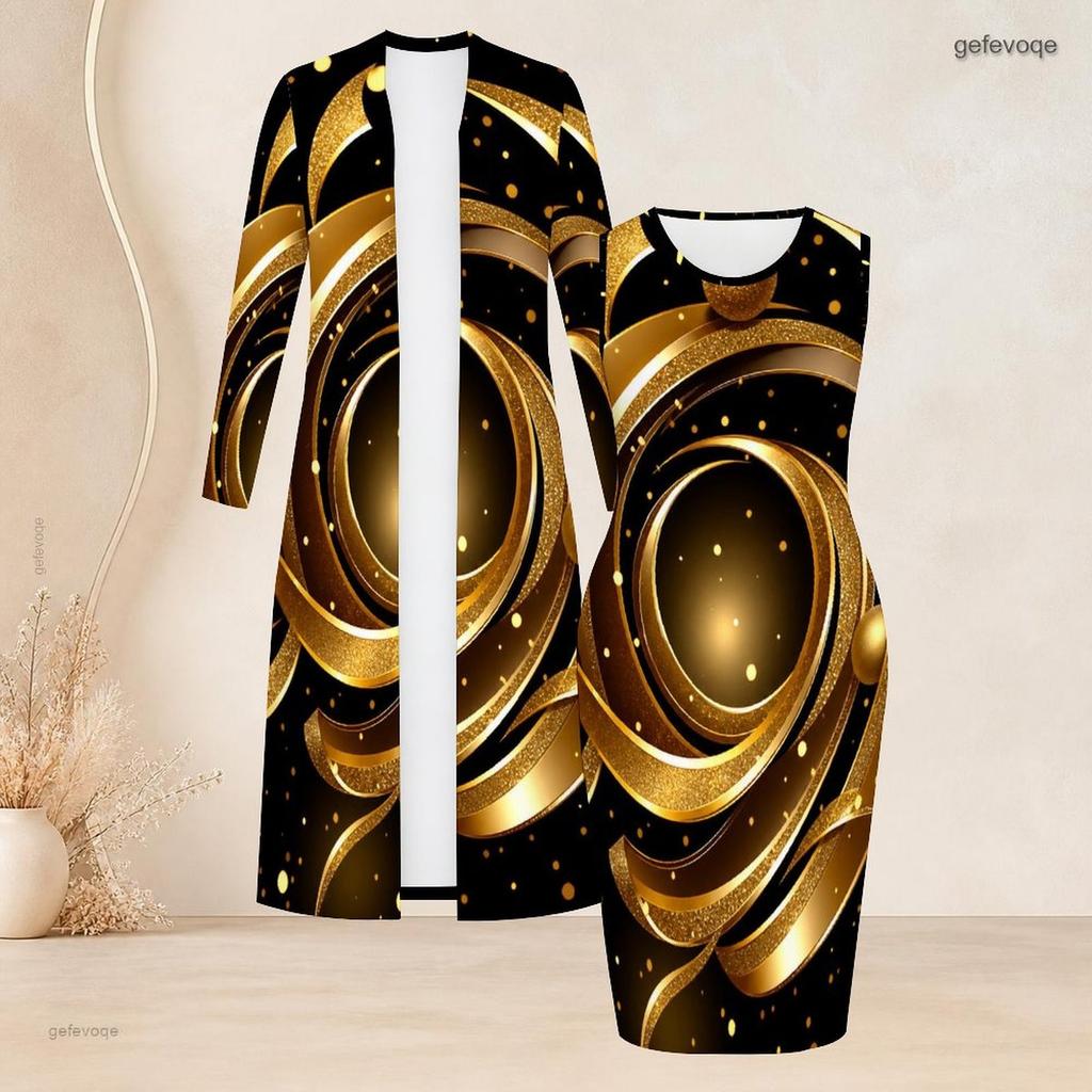 Women Plus Size Two Piece Dress Set Long Sleeve Open Front Cardigan Sleeveless Printed Bodycon Dress