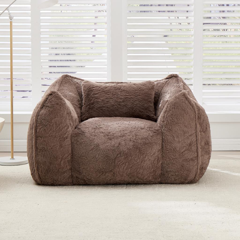 Giant Bean Bag Chair with pillow, Comfy Large Bean Bag Chairs for Adults and Kids, Faux Fur Floor Sofa for Living Room Bedroom Apartment,Khaki