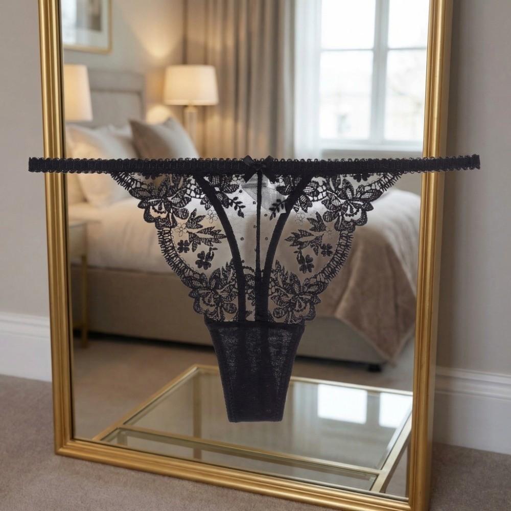 Embroidery Lace Flower Briefs Women Low Waist Romantic T Panties Sheer Mesh Lace Thong  Home