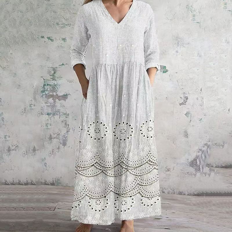 Ladies Light Gray Washed V-neck Seven-quarter Sleeve Long Dress Hem Flower Embroidery Loose Pleated Side Holiday Dress