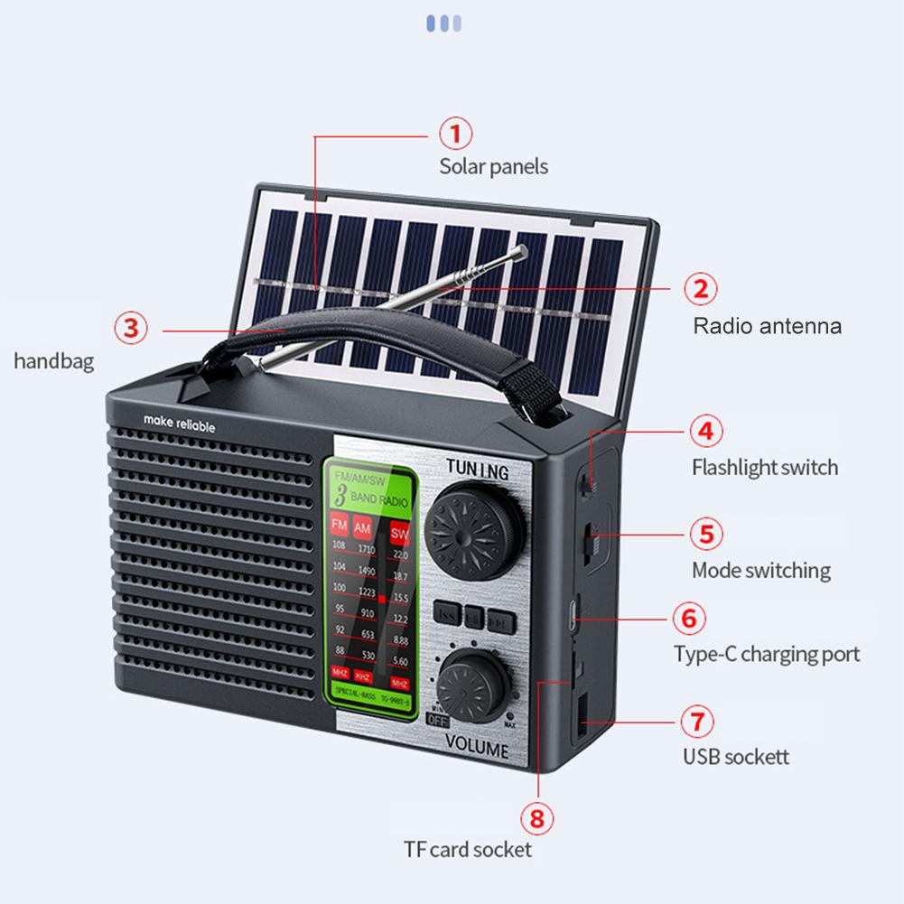 Solar Radio Portable FM AM SW Full Band Radio with LED Light Bluetooth Music Player Emergency Radio Support TF Card U Disk