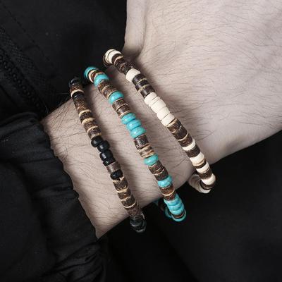 Turquoise Coconut Shell Bead Bracelet - Vintage Tribal Style for Men & Women