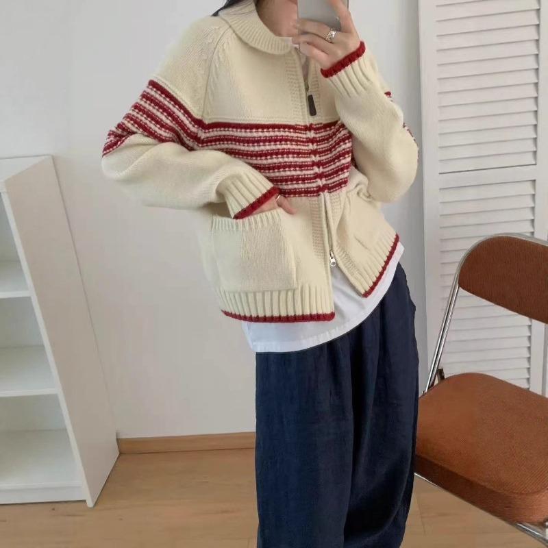 Contrasting Color Striped Lapel Sweater Jacket Women's Autumn and Winter New Lazy Style Loose Thickened Knitted Cardigan Top