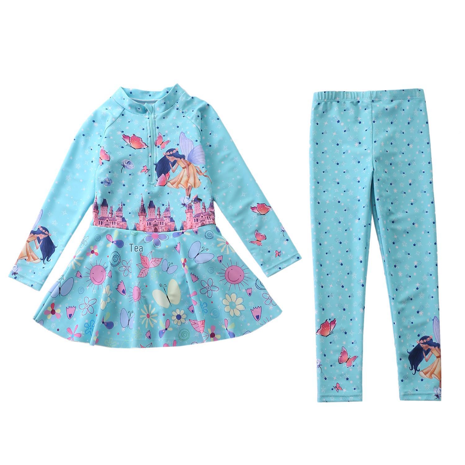 

Girls Long Sleeve One-Piece Swimsuit with Pants 2XL (110-120cm, 39-47kg)