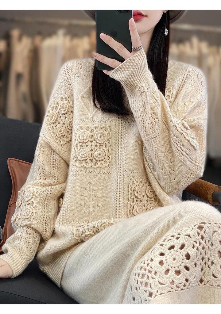 2025 Autumn/Winter Women's Loose Crochet Sweater, 100% Australian Wool, Low Round Neck, Trendy Korean Lazy Style