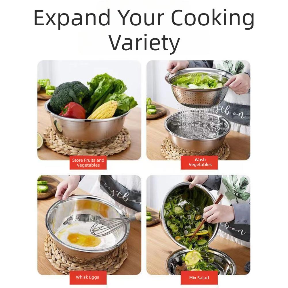 3-Piece Set Thickened Grater Bowl Drain Basket Stainless Steel Vegetable Fruit Drain Filter Basket Rice Rinser Dough Mixing Bowl