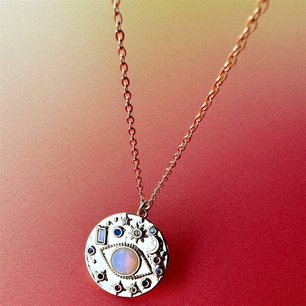 Lucky Evil Eye Zirconia Necklace with Sun, Moon, and Star Diamond Inlaid Pendant - Simple and Chic Clavicle Chain with Color Retention