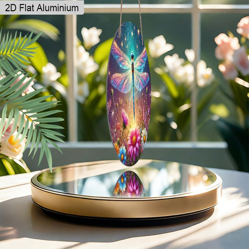 2D Flat Aluminum Colorful Dragonfly Metal Wall Decor Round Sign - Fantasy Garden Insect with Wildflowers & Starry Night Art - Whimsical Hanging