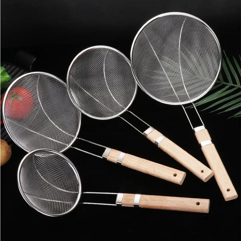 Wood Handle Stainless Steel Flour Filter Screen Soybean Milk Filter Screen Cooking Spoon Screen Snack French Fries Kitchen Tools