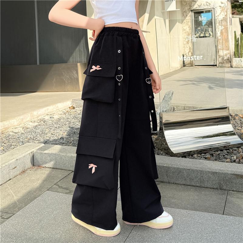 

Kids Pink Black Cargo Pants with Side Pocket for Tweens Girl High Fashion Hip Hop Trousers Child Street Trackpants 170