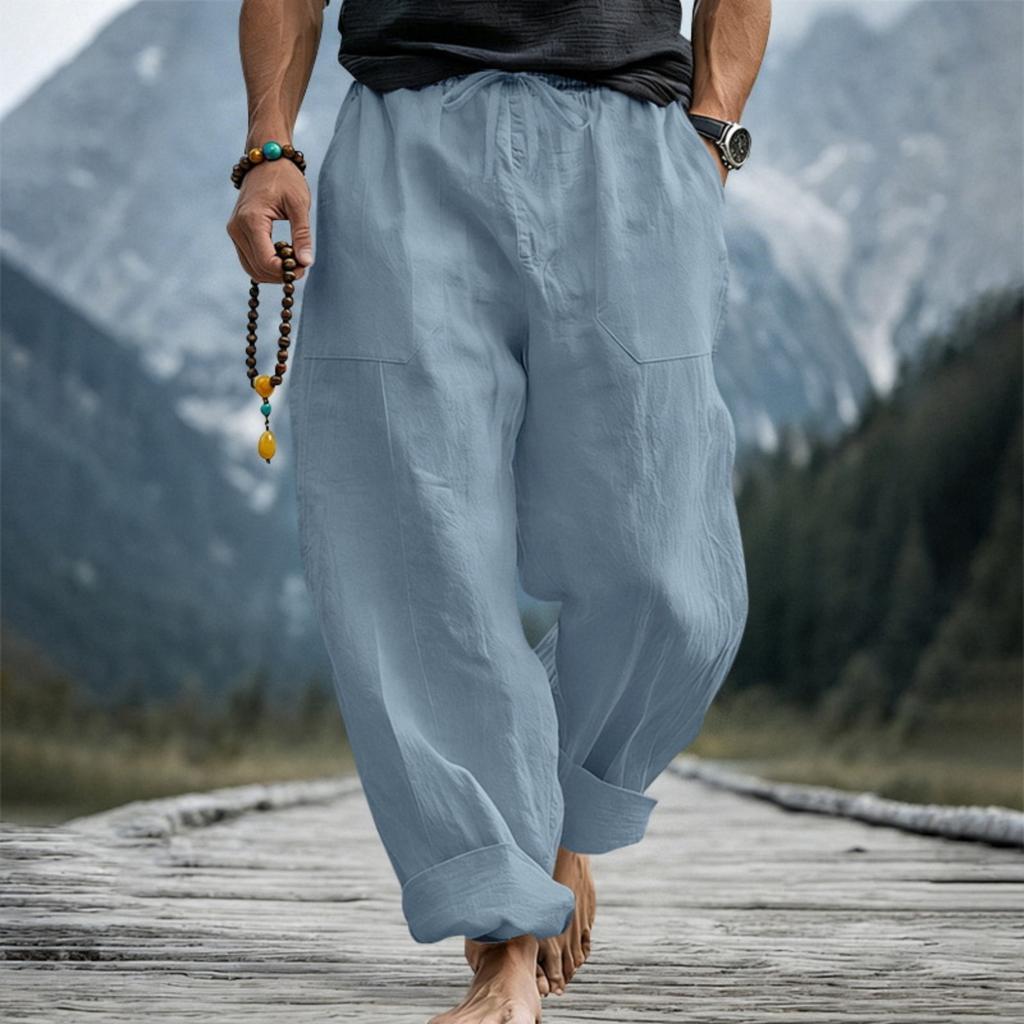 Men’s Loose Fit Linen Pants Breathable Sweat Absorbing Wide Leg Casual Trousers with Drawstring Waist Large Size for Daily Wear