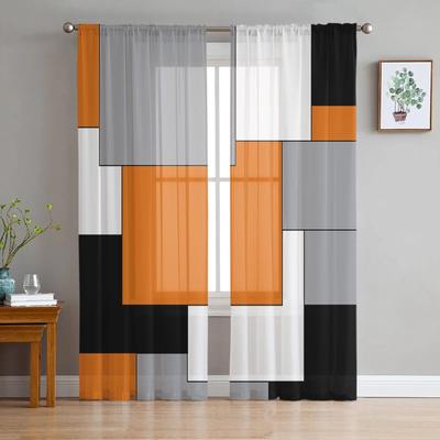 Cortinas transparentes de arte abstracto de retales naranja y negro, cortinas de tul para ventana, sala de estar, dormitorio, decoración de cortinas de cocina