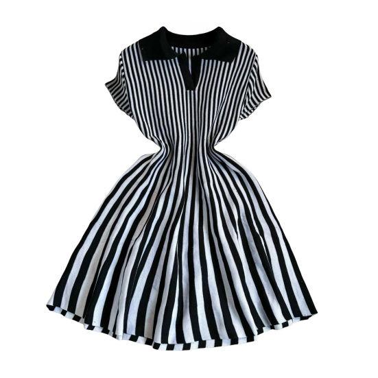 Women's Striped Dress Summer Dress V Vertical Vintage A-line Sweater Dress