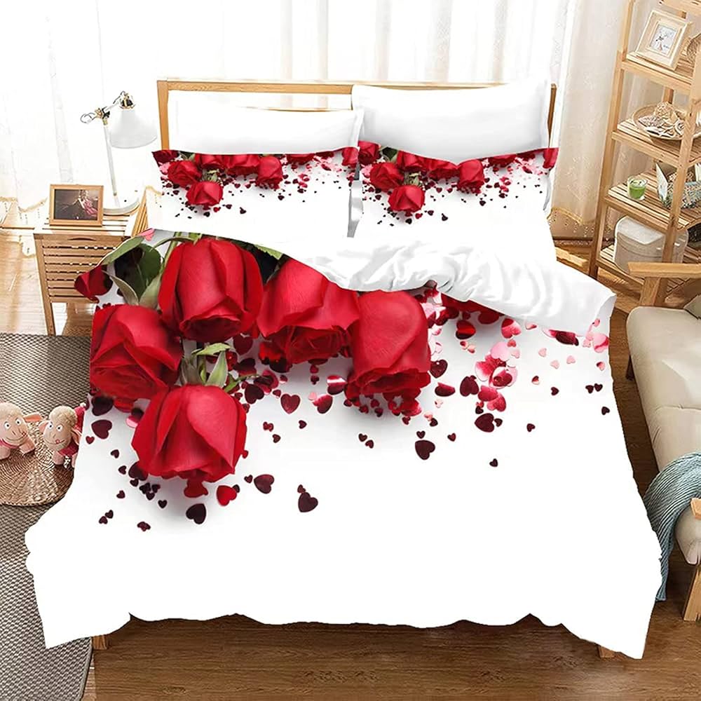 Rose Duvet Cover QueenRomantic Floral Bedding Set for Girls CoupleBlossom Flowers Quilt Cover Valentine's Day Bedspread Cover