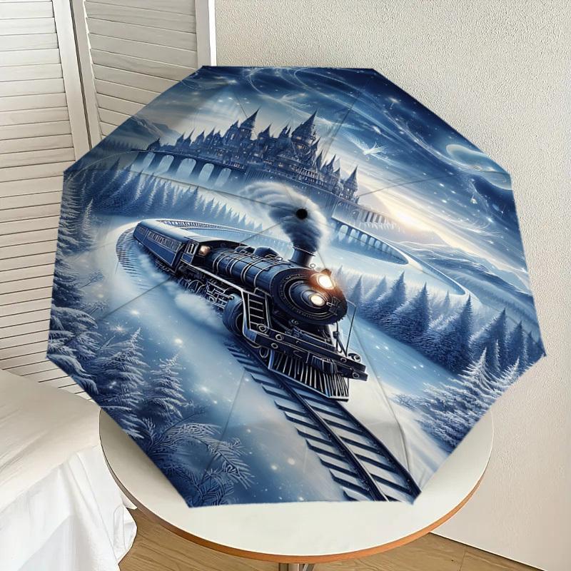 1PC Castle Train Automatic Open/Close Umbrella with Windproof, 8-Rib Sturdy Canopy, Durable Ribs, Fashionable Design, Outdoor Accessory, Fun Prin, Hol