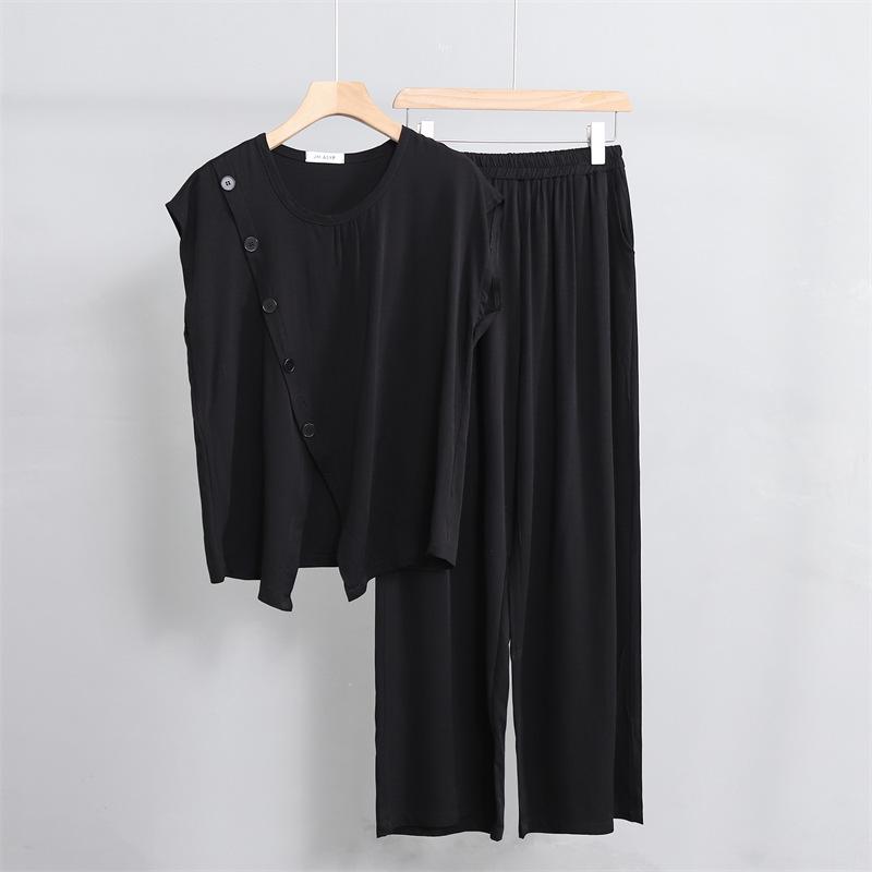

Легкий Хлопок Вискоза Повседневный Модный Комплект: Комплект домашней одежды из двух предметов: топ с коротким рукавом и длинные брюки L чёрный